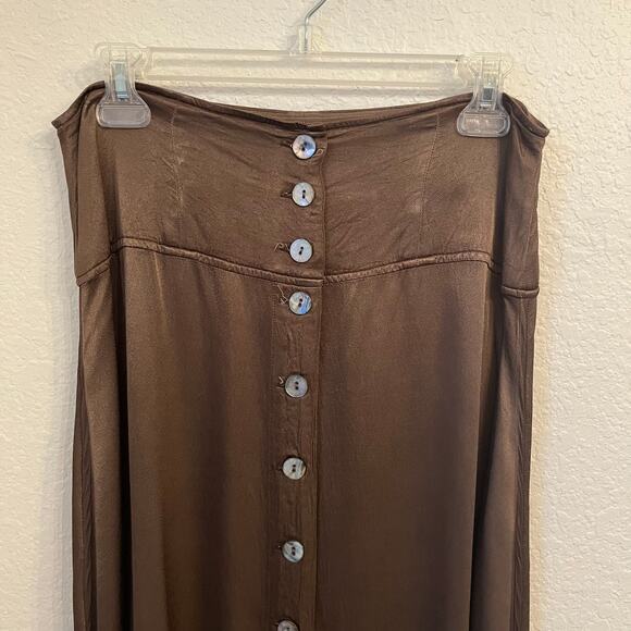 Raquel Allegra Button Front Maxi Skirt Large Moss Brown Satin - Picture 5 of 13